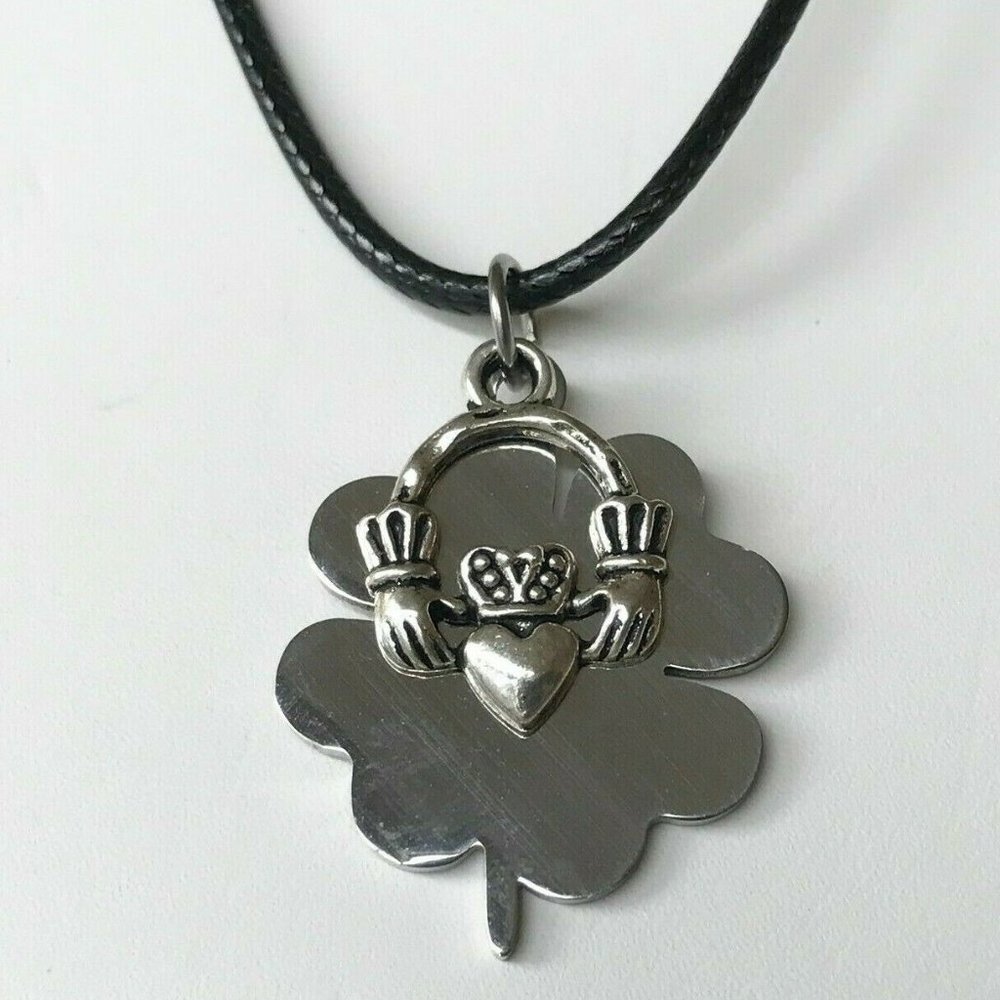 Shamrock Claddagh Necklace Stainless Steel Black Cord 18" Irish Celtic Patricks